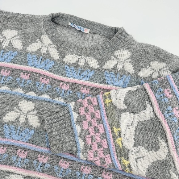 Vintage Sweaters - Vintage 80's Gray Pastel 3D Knit Goose Floral Fairy Kei Cottagecore Sweater L